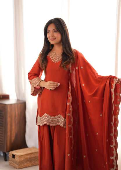 Rust Silk Party Wear Salwar Kameez Suit with Farshi Shalwar