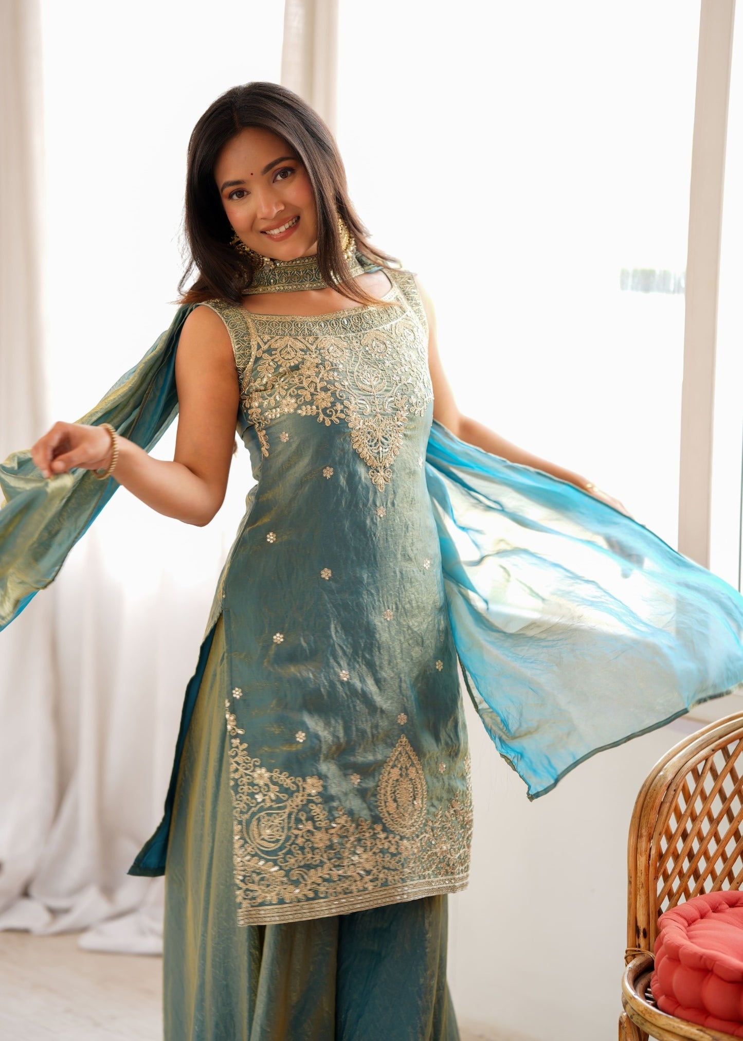 Sea Green Embroidered Pakistani Suit Dress Sharara Set