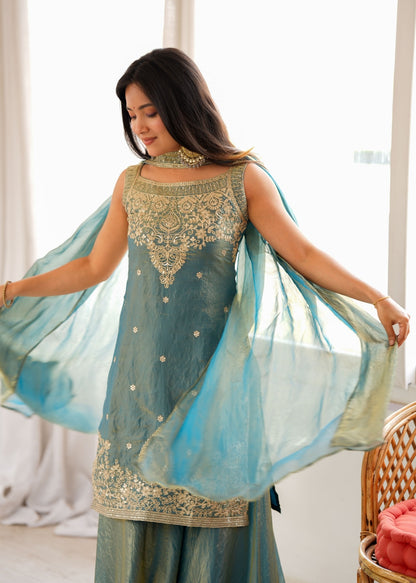 Sea Green Embroidered Pakistani Suit Dress Sharara Set
