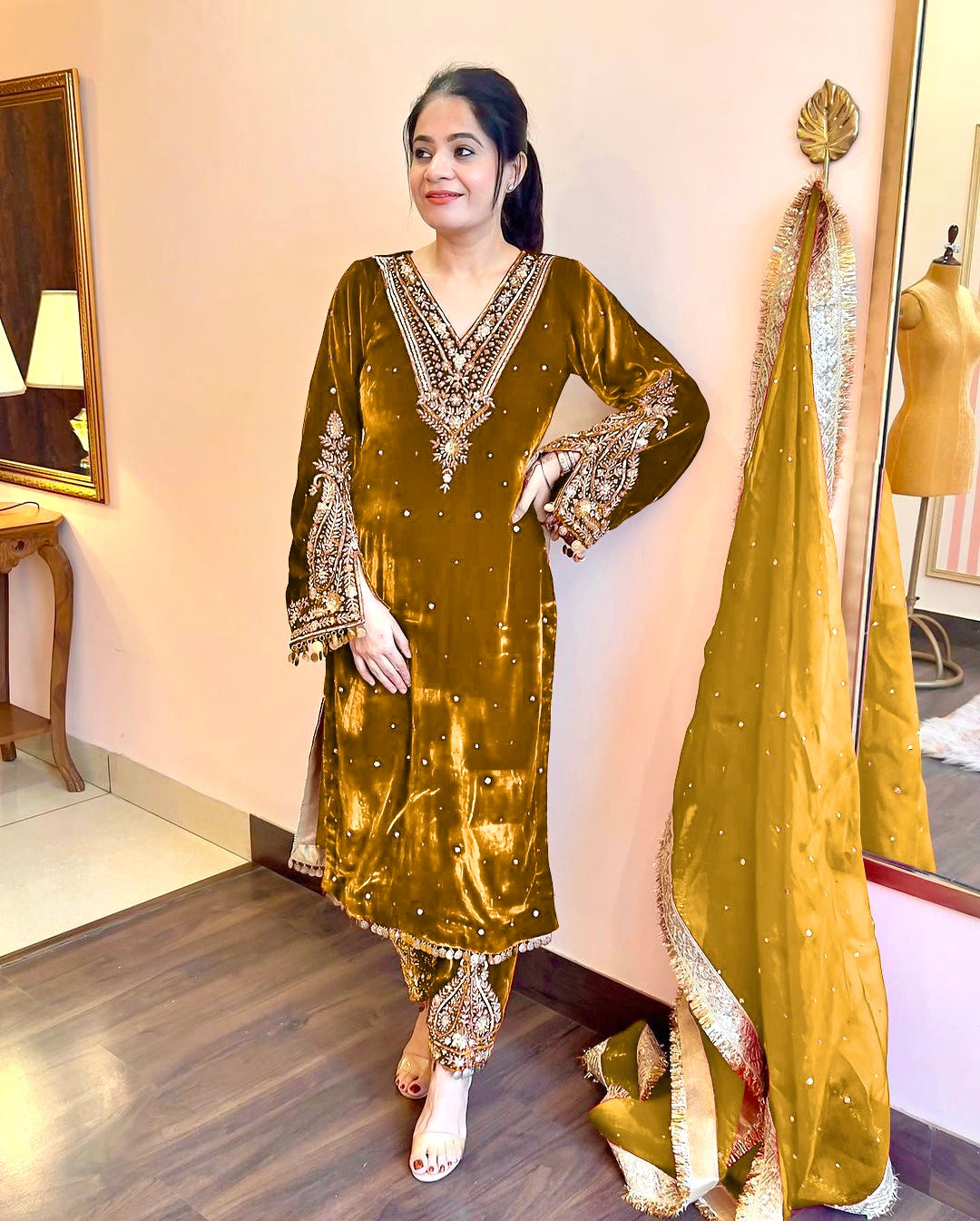 Pure Viscose Velvet Party Wear Suit for Women - Top Plazzo Set