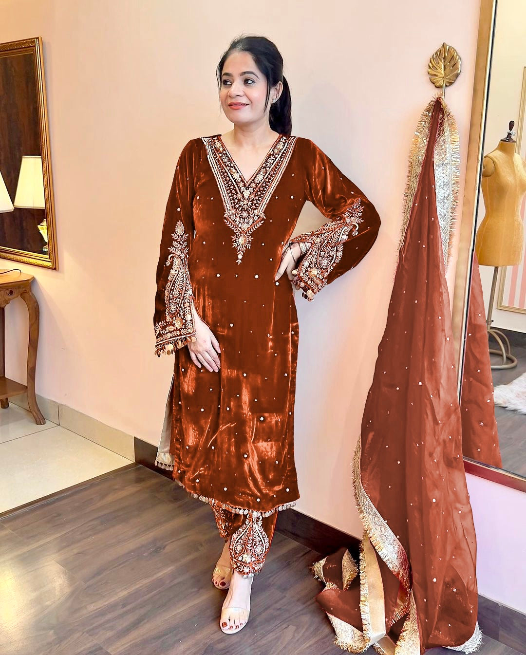 Pure Viscose Velvet Party Wear Suit for Women - Top Plazzo Set
