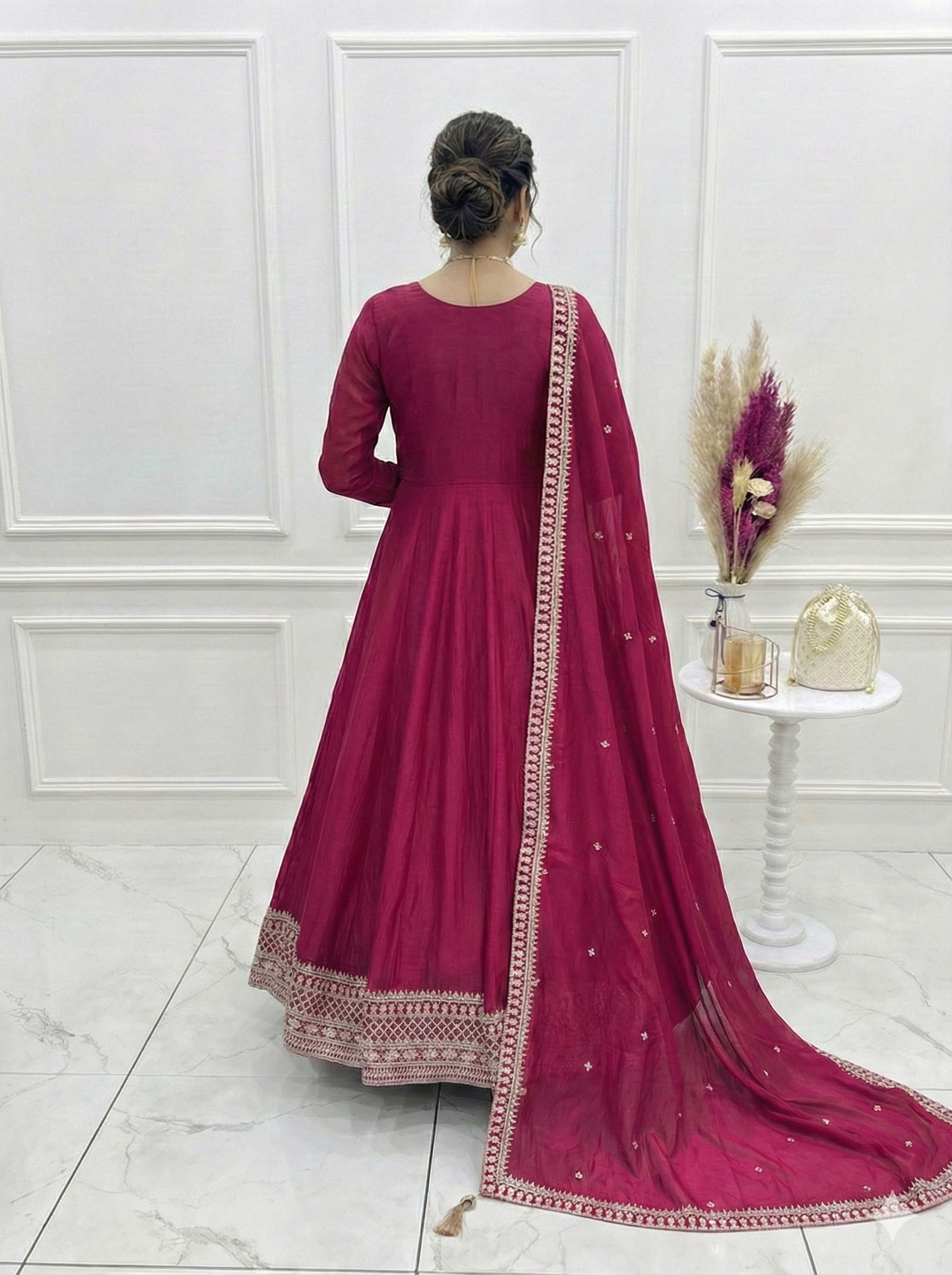 Dark Pink Anarkali Suit for Women - Pure Vichitra Silk