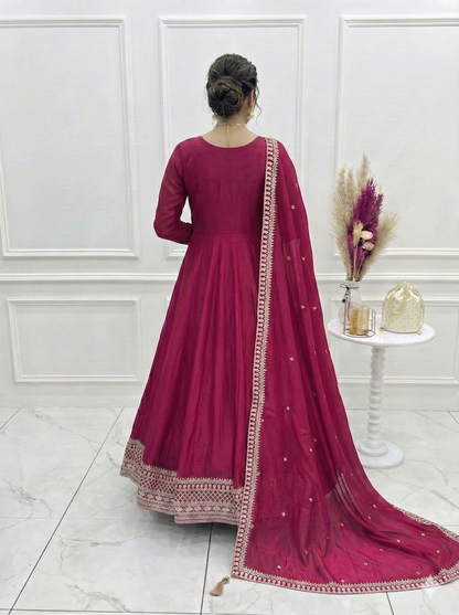 Dark Pink Anarkali Suit for Women - Pure Vichitra Silk