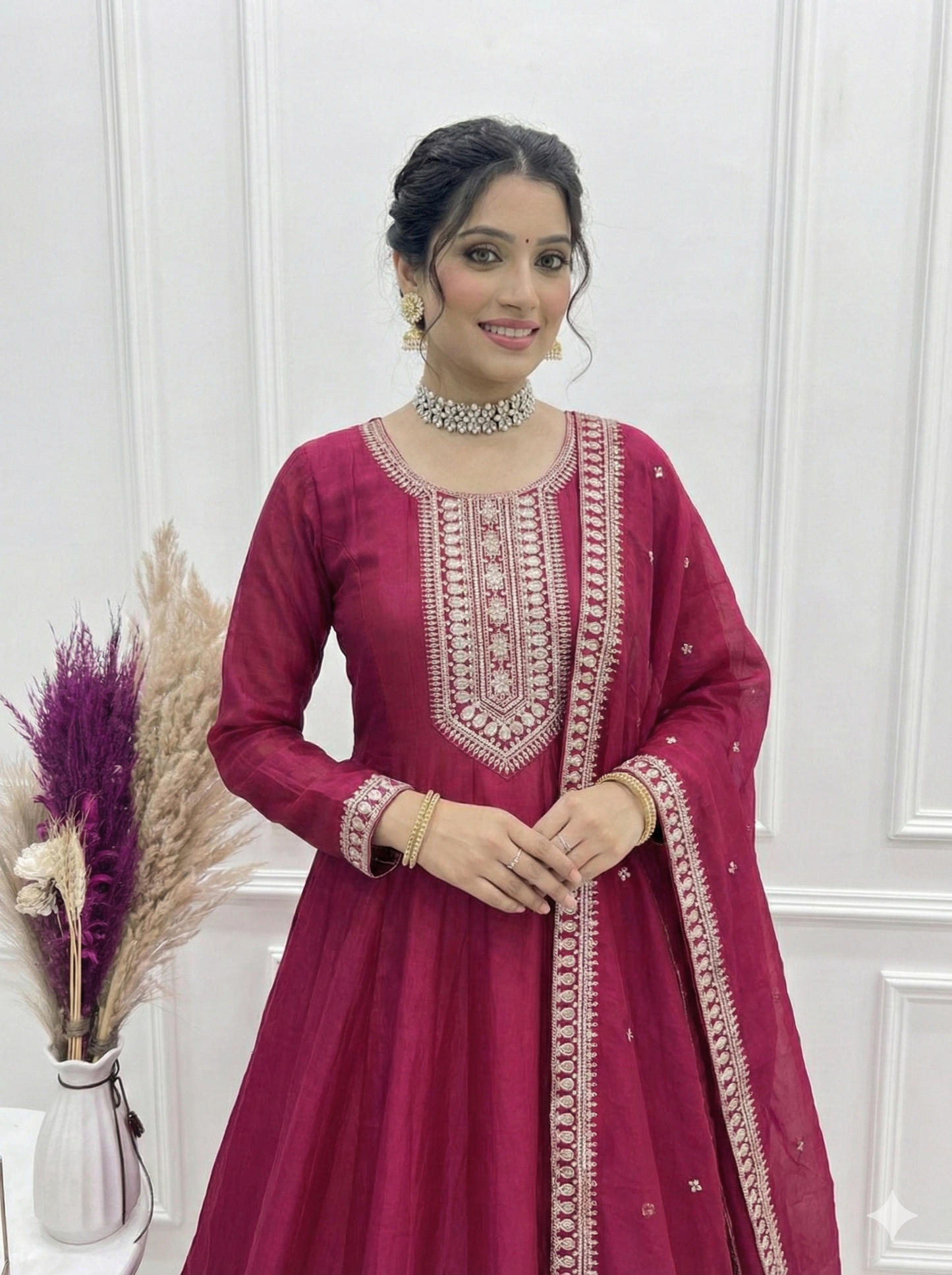 Dark Pink Anarkali Suit for Women - Pure Vichitra Silk