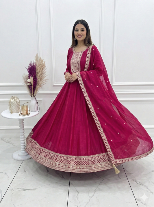 Dark Pink Anarkali Suit for Women - Pure Vichitra Silk