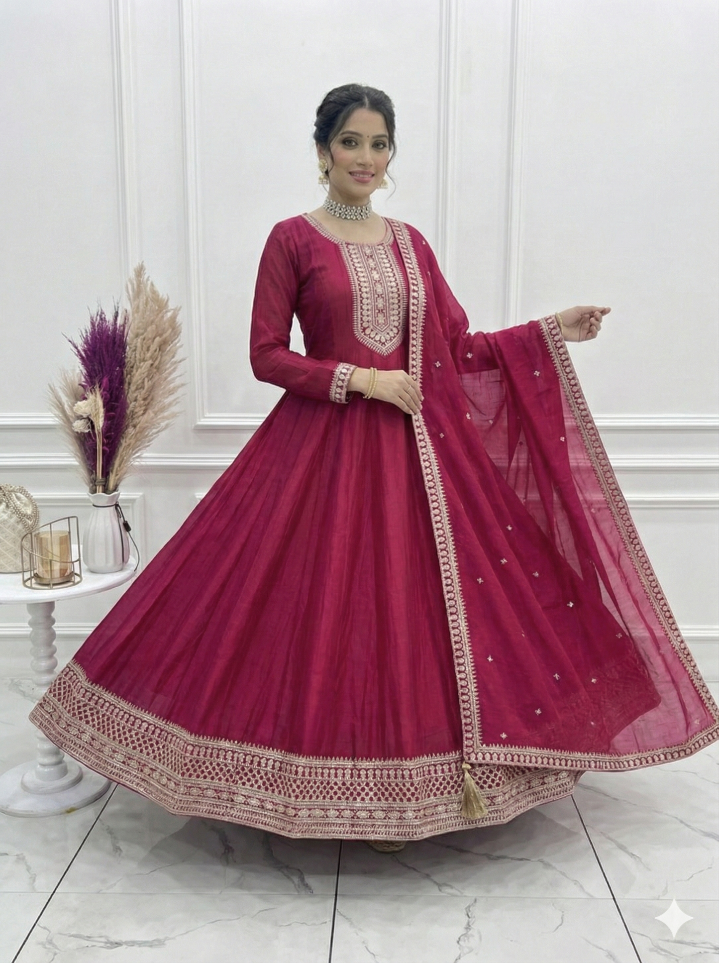 Dark Pink Anarkali Suit for Women - Pure Vichitra Silk