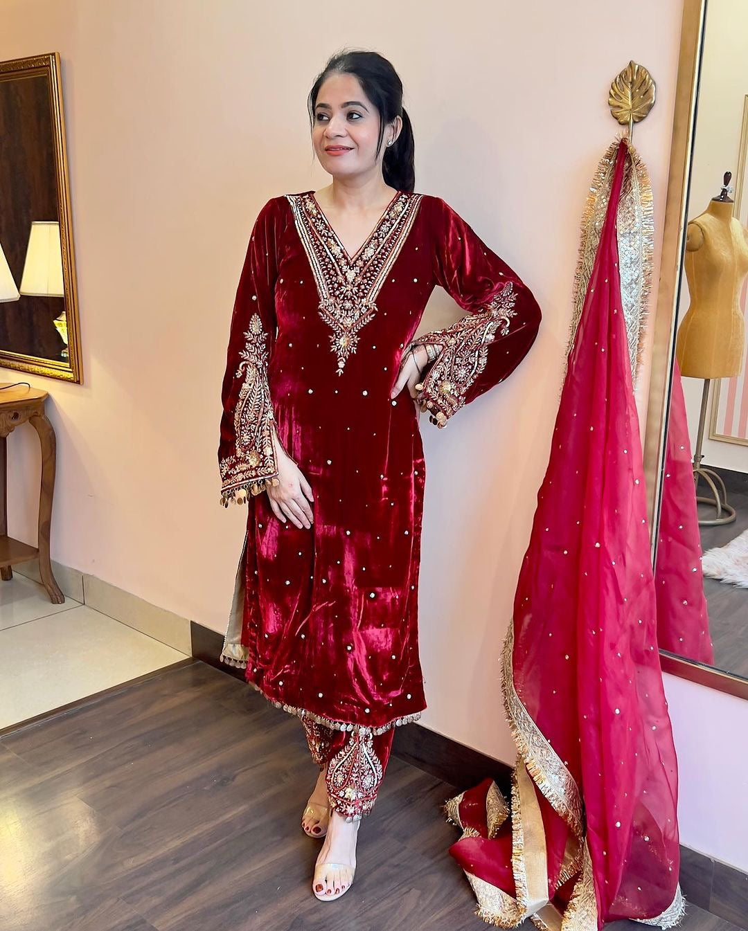 Pure Viscose Velvet Party Wear Suit for Women - Top Plazzo Set