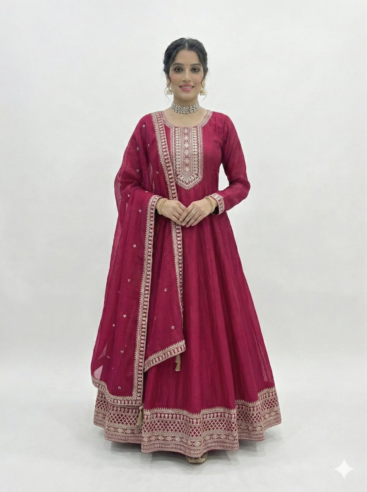Dark Pink Anarkali Suit for Women - Pure Vichitra Silk