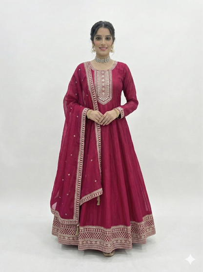 Dark Pink Anarkali Suit for Women - Pure Vichitra Silk