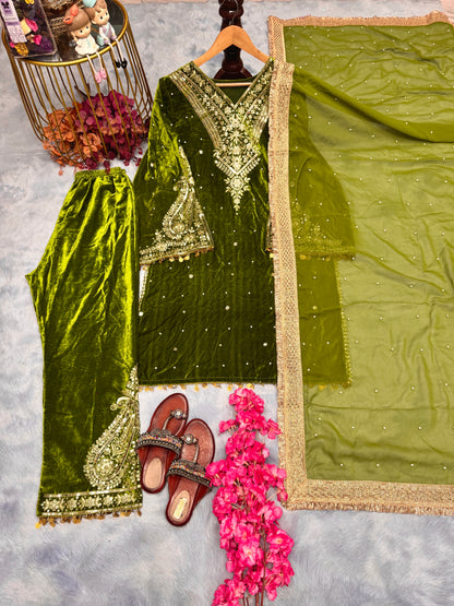 Pure Viscose Velvet Party Wear Suit for Women - Top Plazzo Set