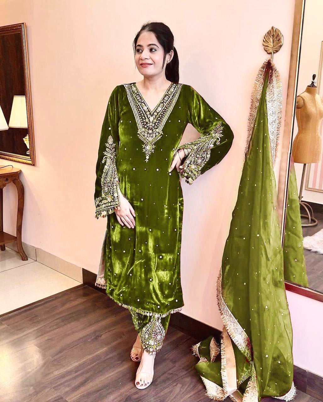 Pure Viscose Velvet Party Wear Suit for Women - Top Plazzo Set
