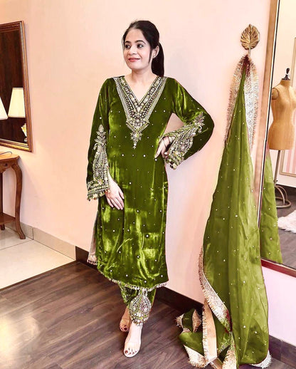 Pure Viscose Velvet Party Wear Suit for Women - Top Plazzo Set