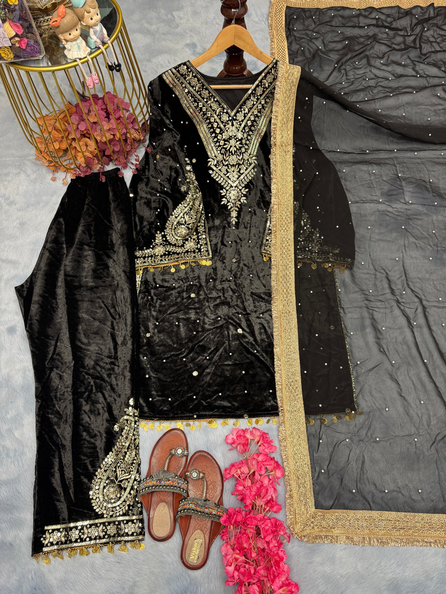 Pure Viscose Velvet Party Wear Suit for Women - Top Plazzo Set