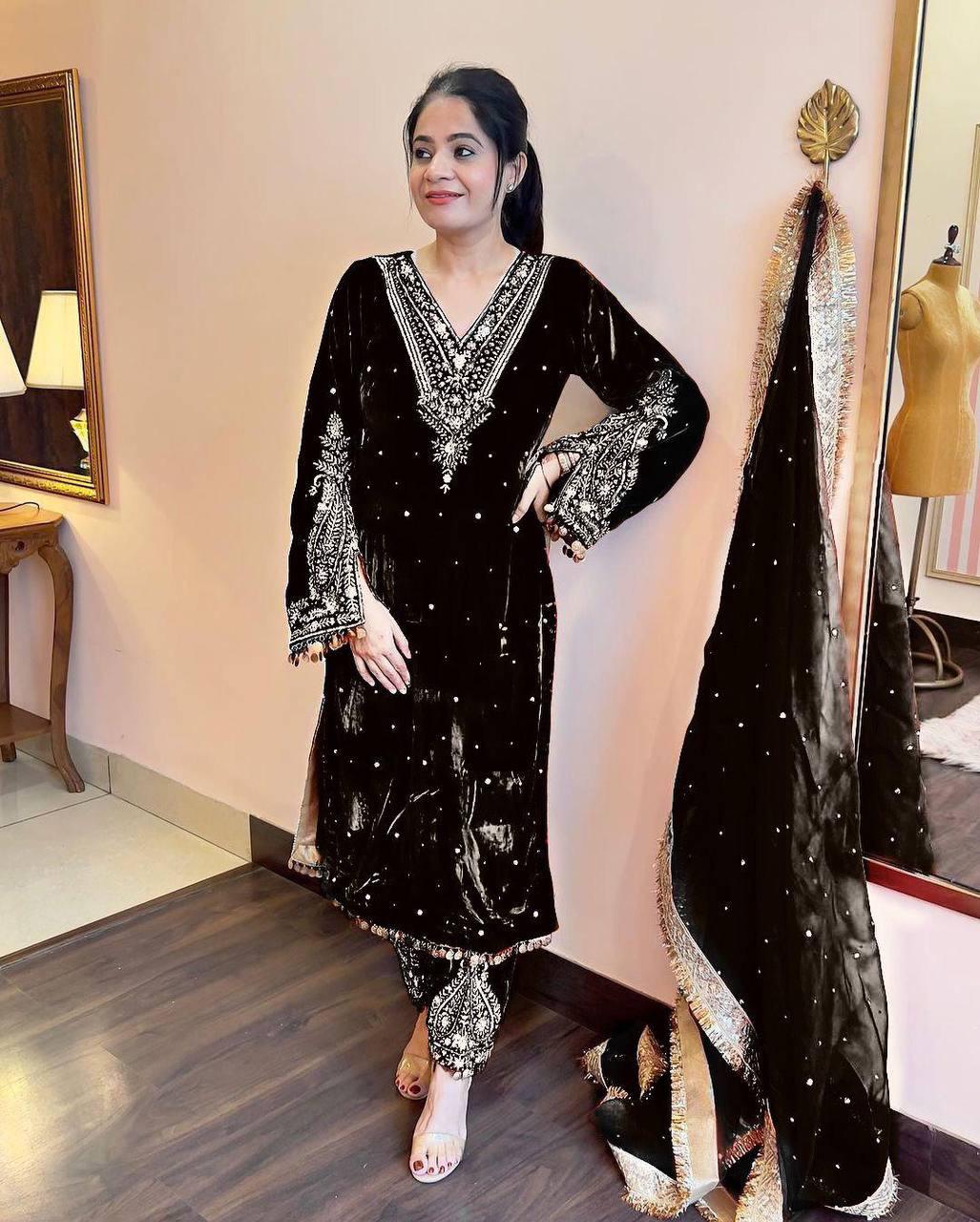 Pure Viscose Velvet Party Wear Suit for Women - Top Plazzo Set