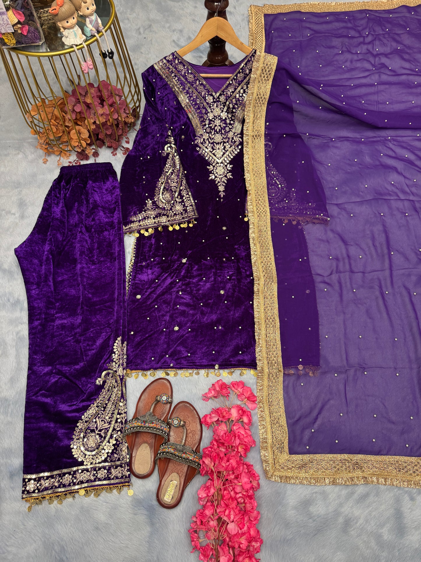 Pure Viscose Velvet Party Wear Suit for Women - Top Plazzo Set