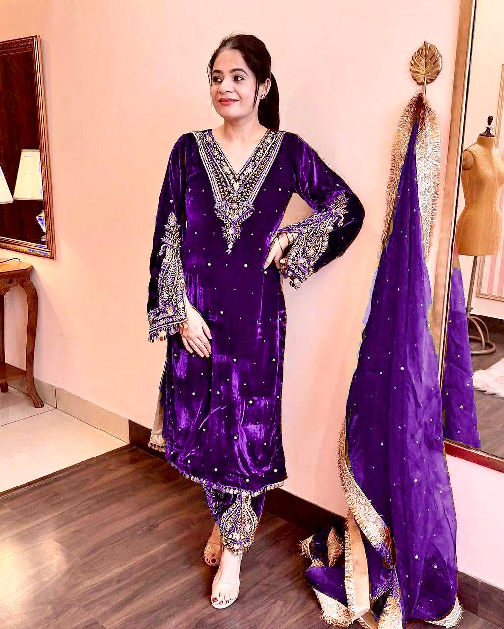 Pure Viscose Velvet Party Wear Suit for Women - Top Plazzo Set