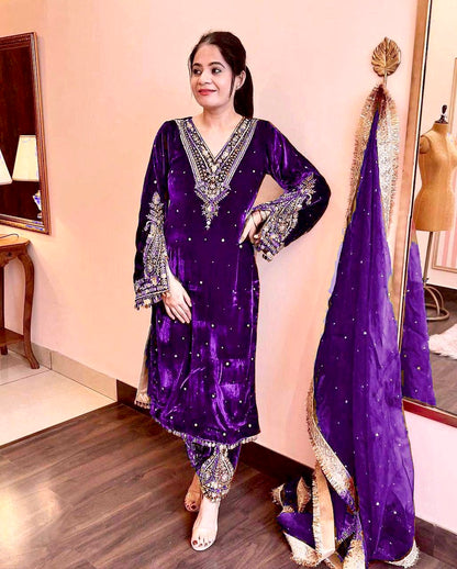 Pure Viscose Velvet Party Wear Suit for Women - Top Plazzo Set