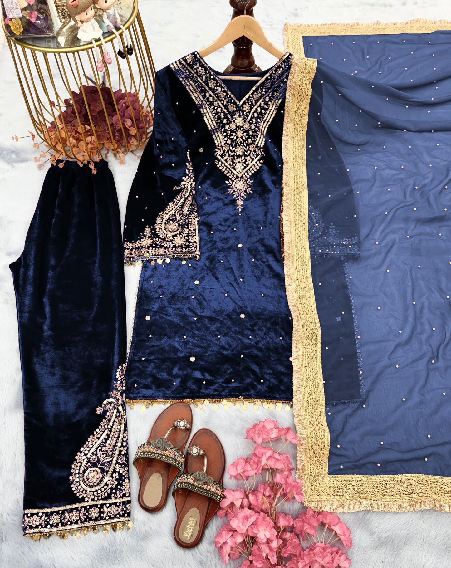 Pure Viscose Velvet Party Wear Suit for Women - Top Plazzo Set