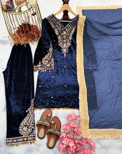Pure Viscose Velvet Party Wear Suit for Women - Top Plazzo Set
