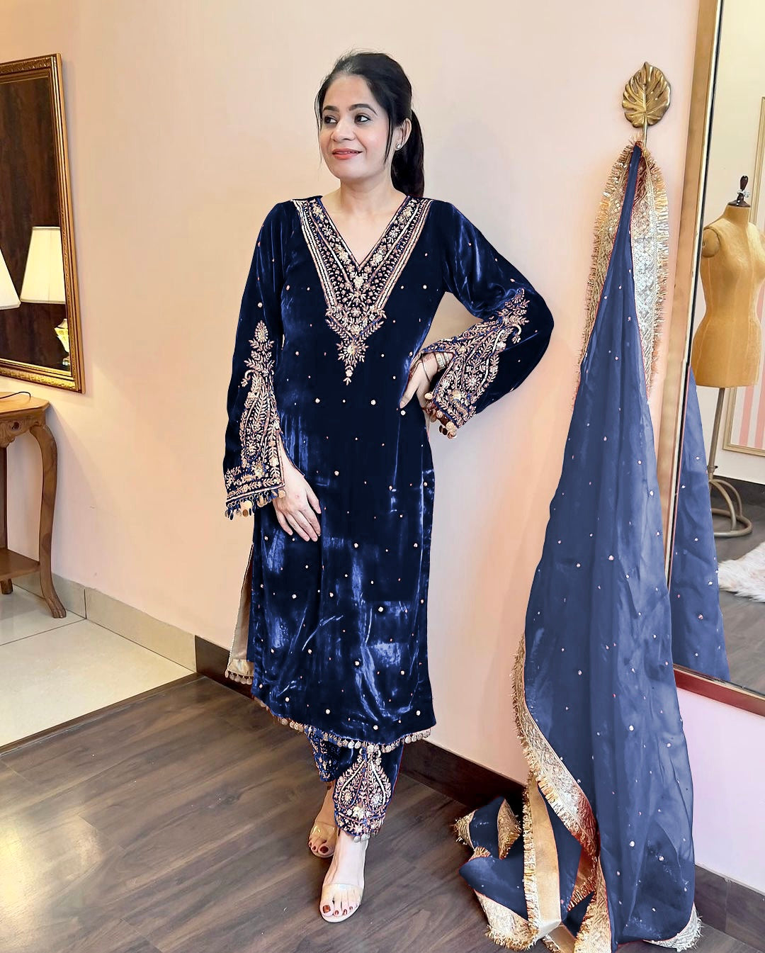 Pure Viscose Velvet Party Wear Suit for Women - Top Plazzo Set