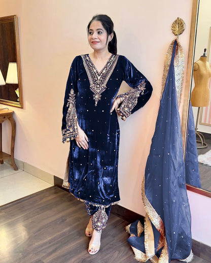 Pure Viscose Velvet Party Wear Suit for Women - Top Plazzo Set