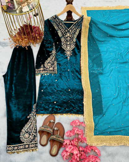 Pure Viscose Velvet Party Wear Suit for Women - Top Plazzo Set