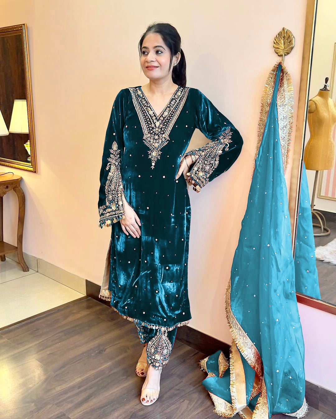 Pure Viscose Velvet Party Wear Suit for Women - Top Plazzo Set