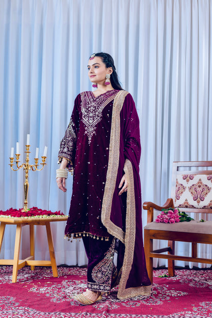 Pure Viscose Velvet Party Wear Suit for Women - Top Plazzo Set