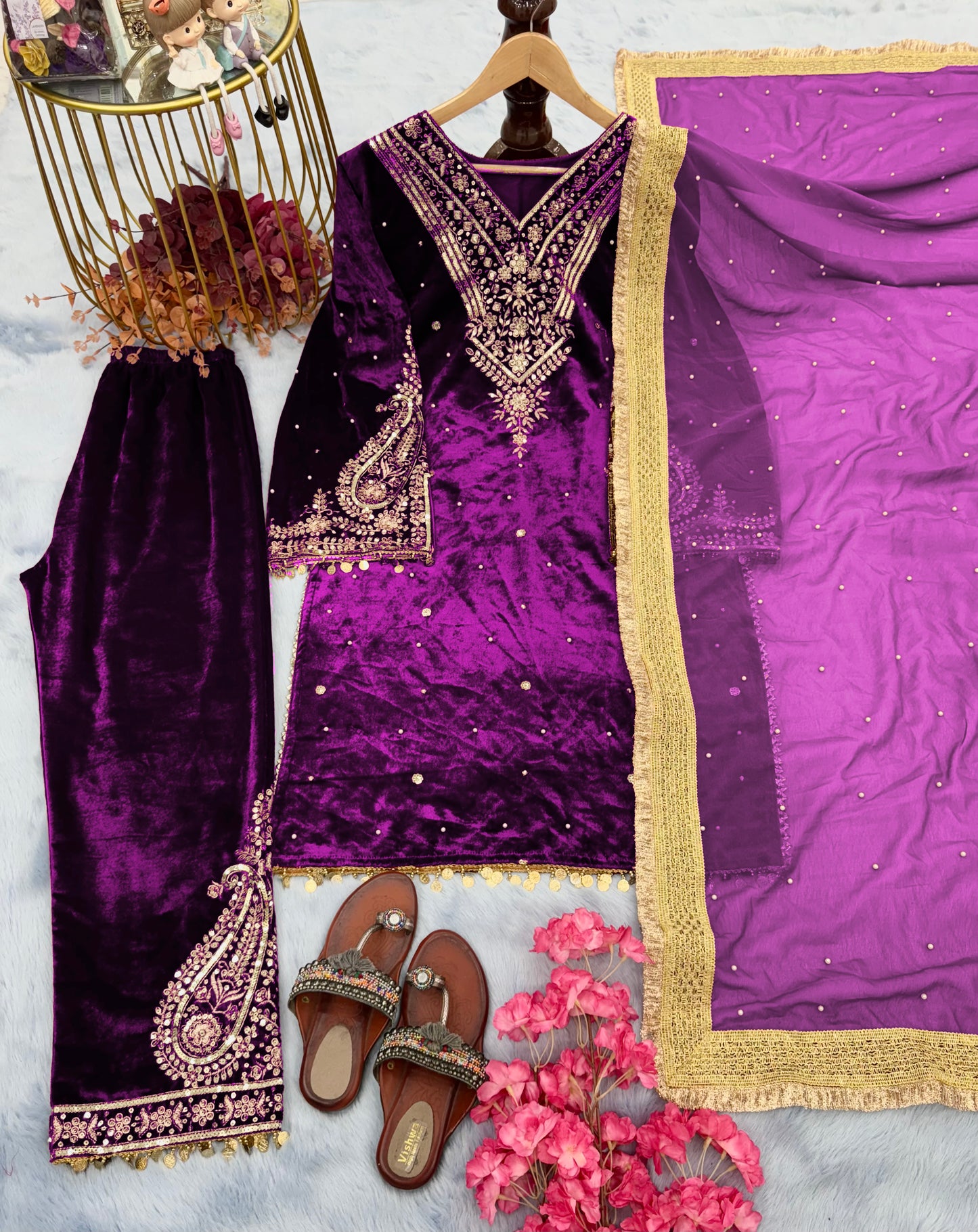 Pure Viscose Velvet Party Wear Suit for Women - Top Plazzo Set