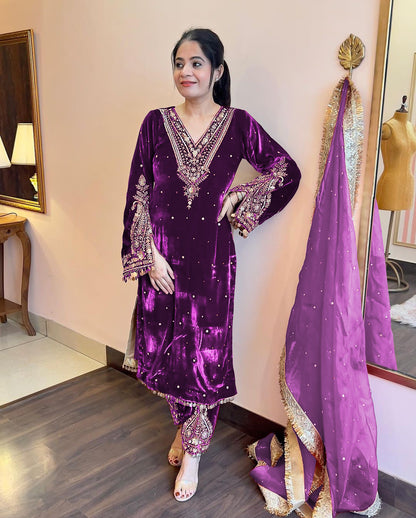 Pure Viscose Velvet Party Wear Suit for Women - Top Plazzo Set