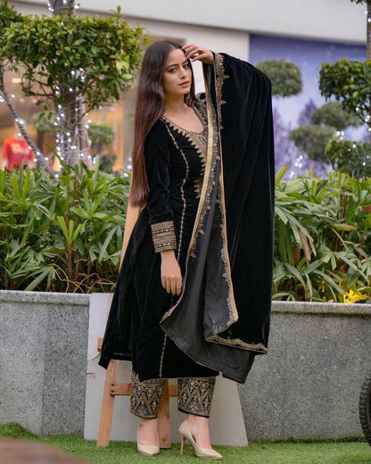 Velvet Salwar Suit Party Wear with Embroidery & Cutwork Dupatta