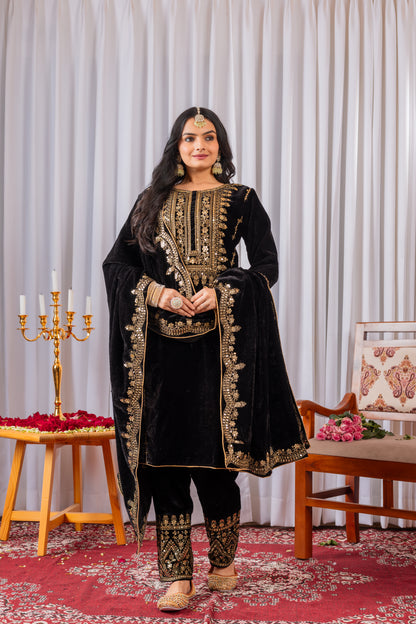 Velvet Salwar Suit Party Wear with Embroidery & Cutwork Dupatta