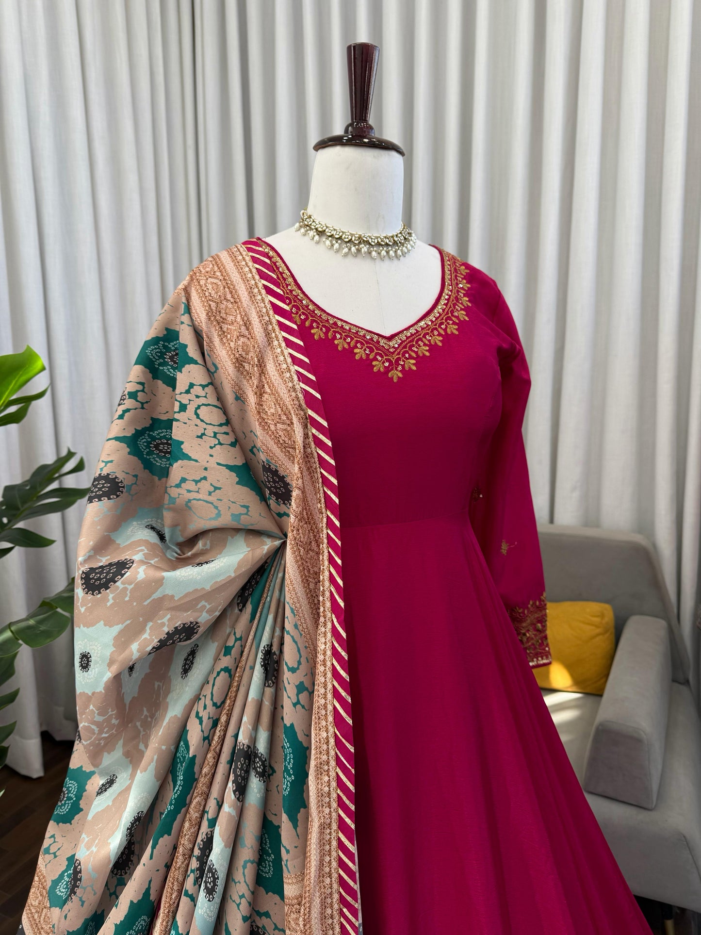 Magenta Chinon Silk Designer Gown Set with Digital Print Dupatta