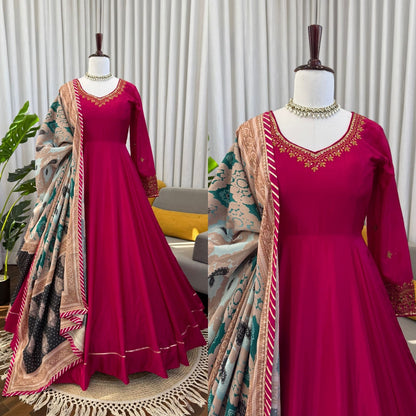 Magenta Chinon Silk Designer Gown Set with Digital Print Dupatta