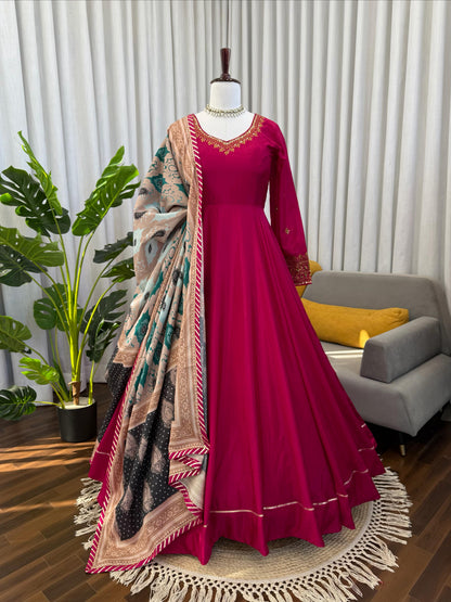 Magenta Chinon Silk Designer Gown Set with Digital Print Dupatta