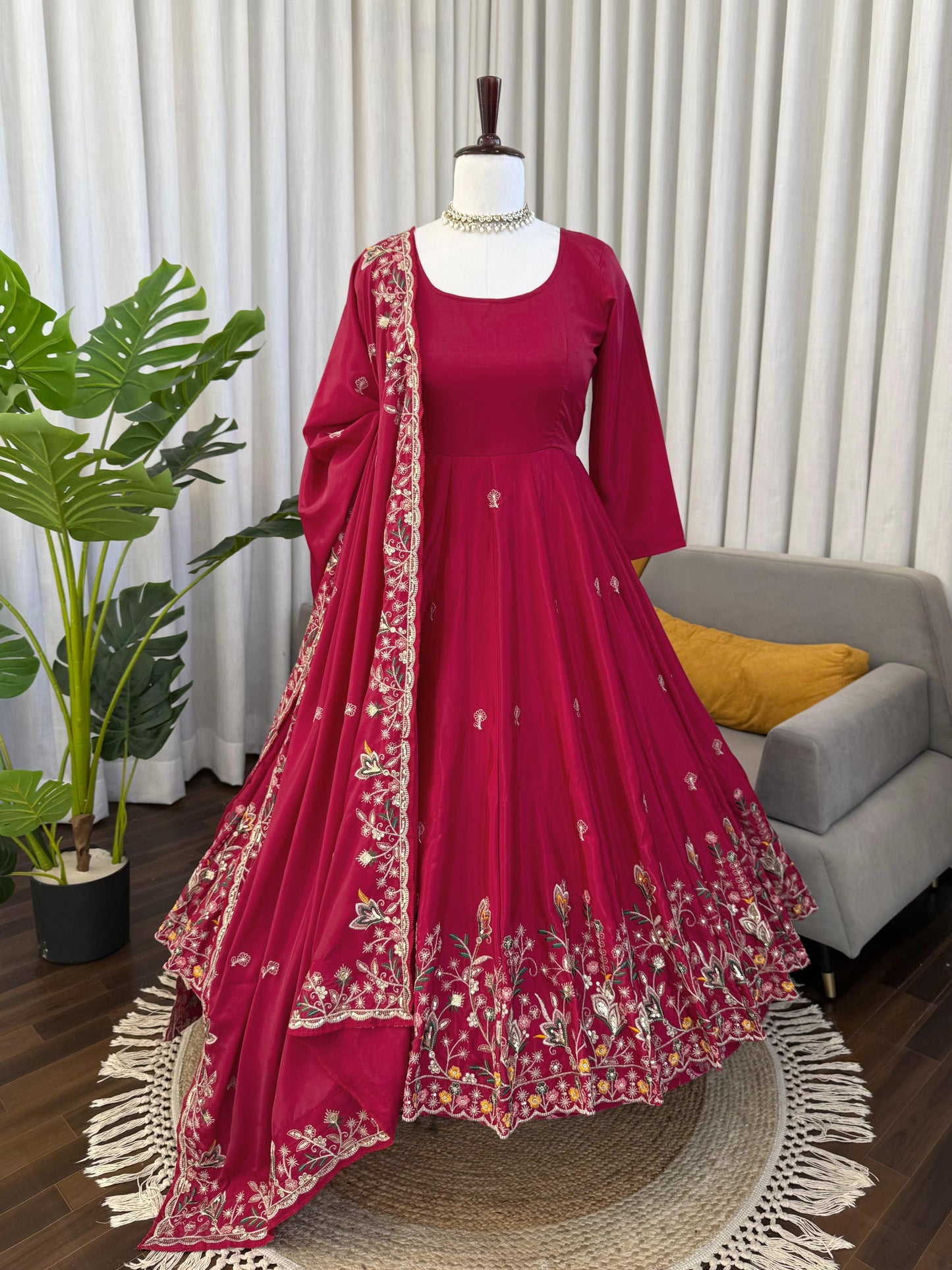 Elegant maroon Anarkali suit with floral embroidery, perfect for weddings and festivals