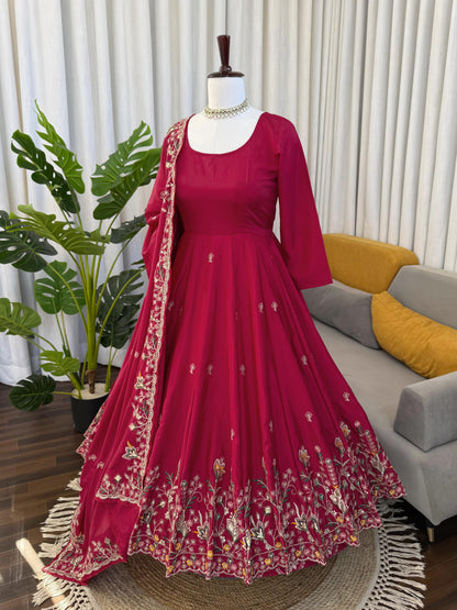 Elegant maroon Anarkali suit with floral embroidery, perfect for weddings and festivals