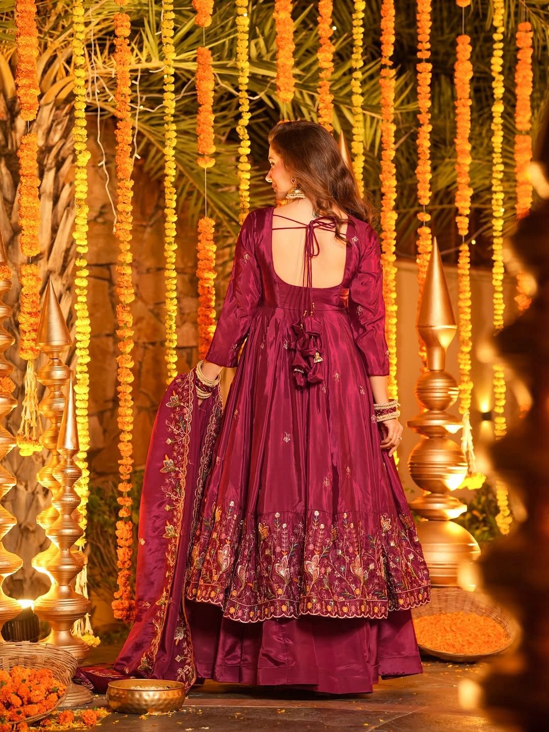 Elegant maroon Anarkali suit with floral embroidery, perfect for Indian festivals and weddings
