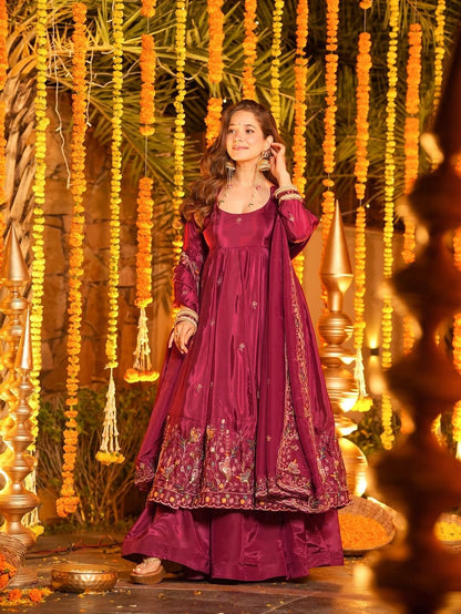 Elegant maroon Anarkali suit with floral embroidery, perfect for Indian festivals and weddings.
