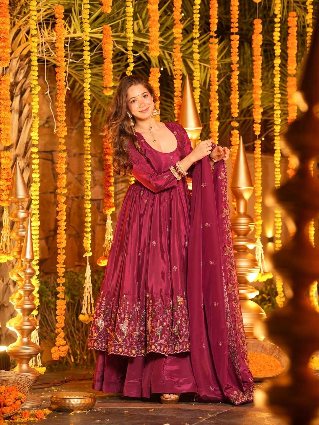 Elegant maroon Anarkali suit with floral embroidery, perfect for Indian festivals and weddings