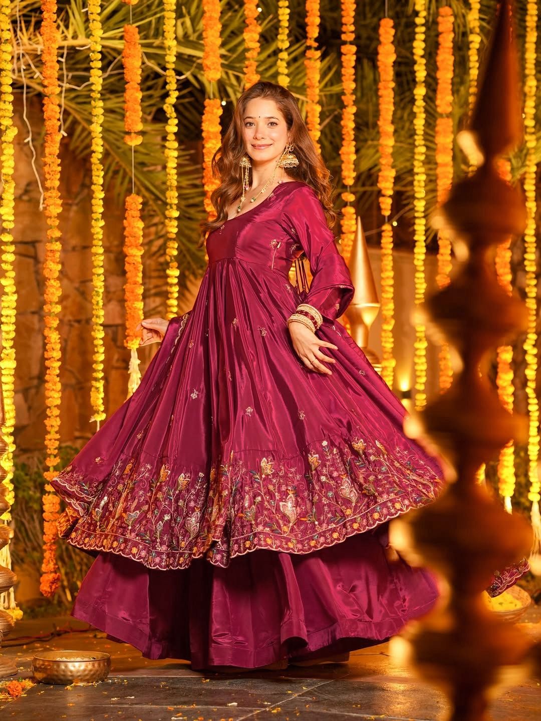 Elegant maroon Anarkali suit with floral embroidery, perfect for Indian festivals and weddings