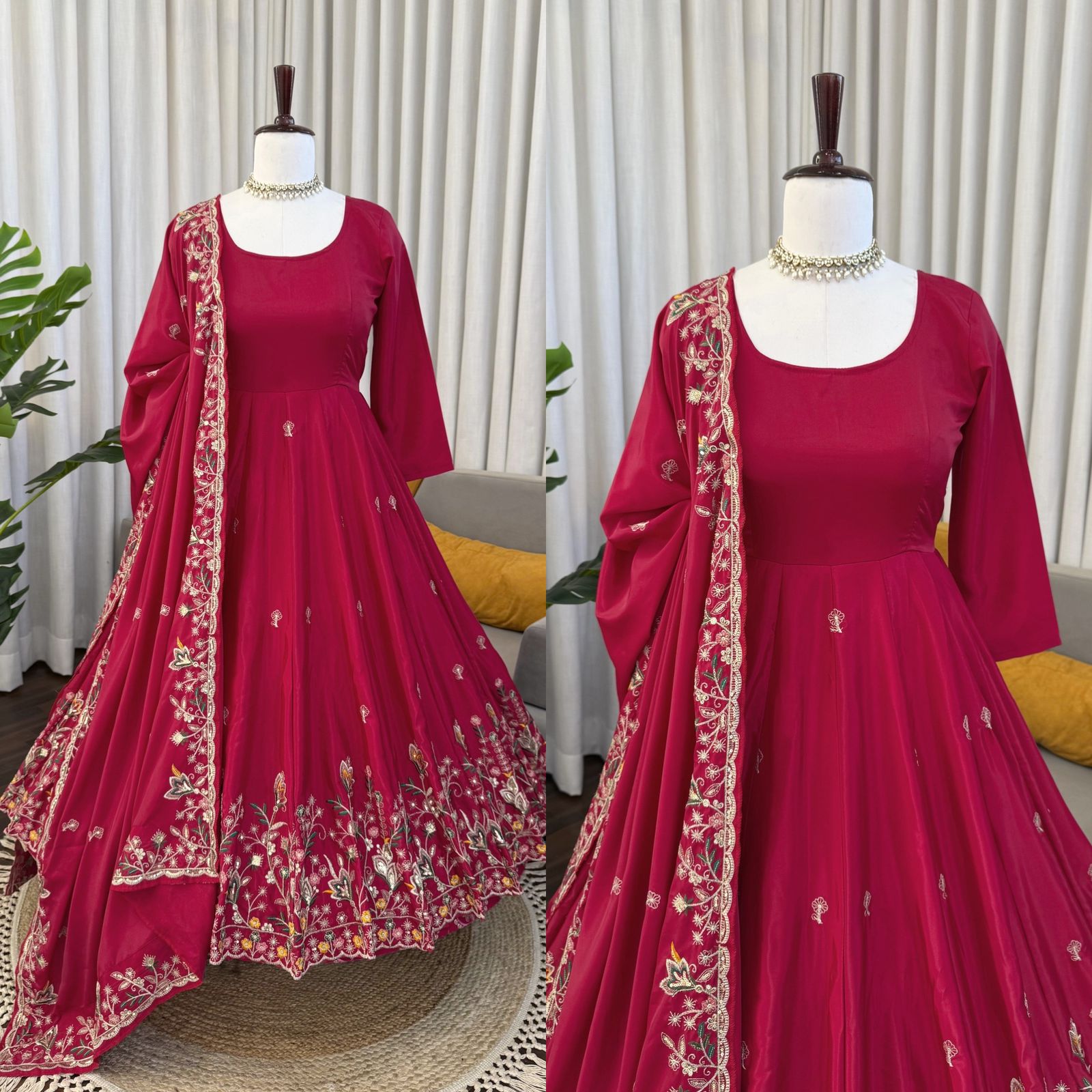 Maroon Anarkali suit with floral embroidery, perfect for Indian weddings and festivals