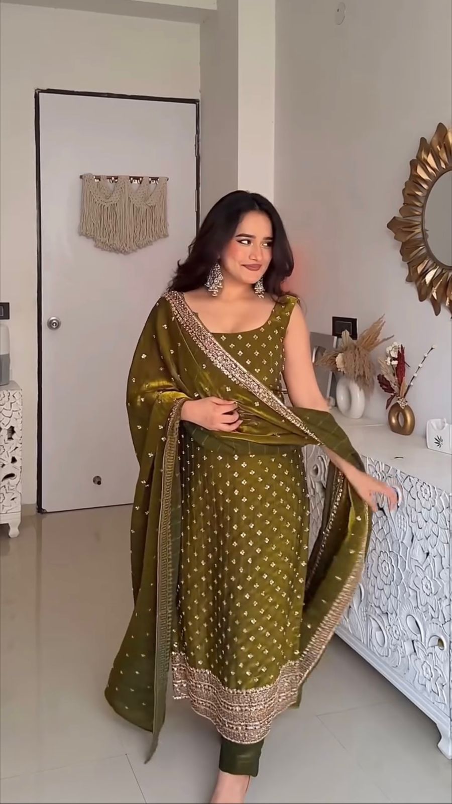 Olive green embroidered Anarkali suit with dupatta, perfect for Indian festivals and weddings