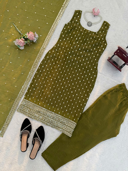 Olive green palazzo set with sequin embroidery, matching dupatta, and black heels for festive occasions.