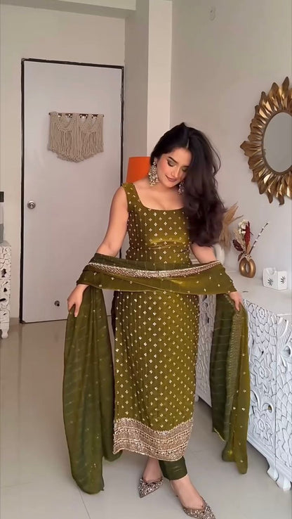 Olive green embroidered Anarkali suit with matching dupatta, perfect for Indian festivals and weddings.
