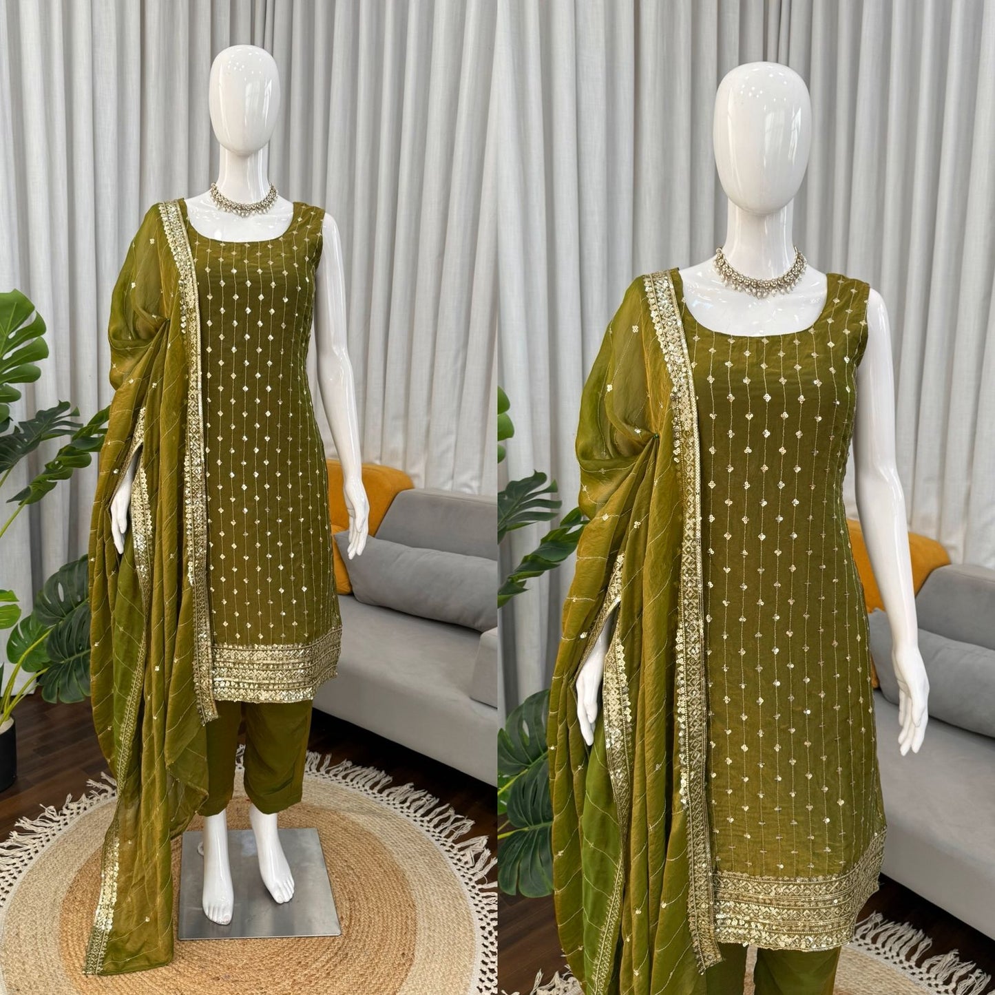 Olive green embroidered palazzo suit with dupatta, perfect for festivals and weddings