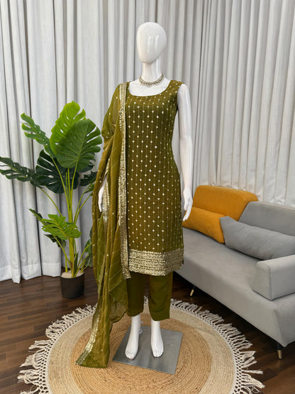 Olive green embroidered palazzo suit with sequin dupatta, perfect for festivals and weddings