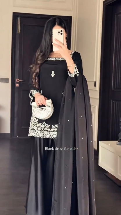 Elegant Black Natural Crepe Designer Palazzo Set with Thread & Sequin Work