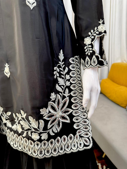 Elegant Black Natural Crepe Designer Palazzo Set with Thread & Sequin Work