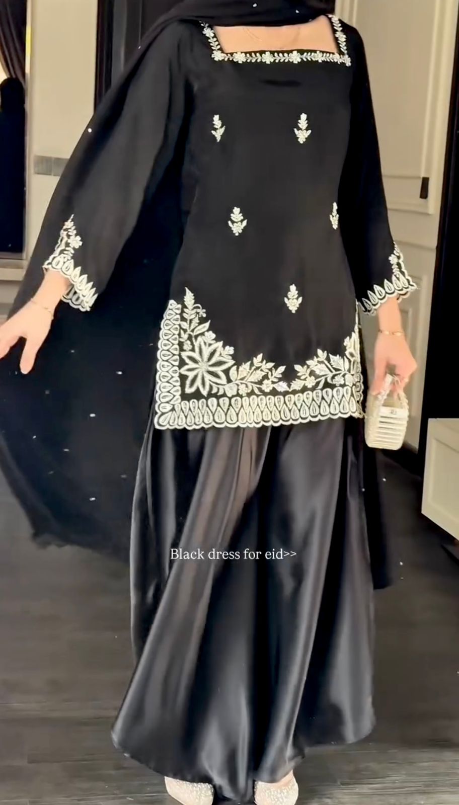 Elegant Black Natural Crepe Designer Palazzo Set with Thread & Sequin Work